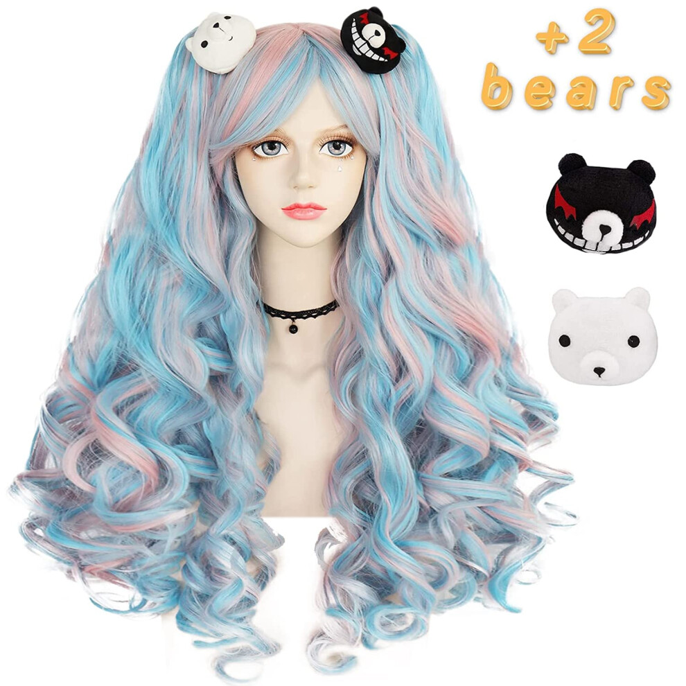 Anogol Hair Cap+Mix Purple Wig Lavender Violet Wigs With 2 Ponytails Long Violet Lavender Curly Ponytail Wig For Lolita Cosplay Halloween Women Costu