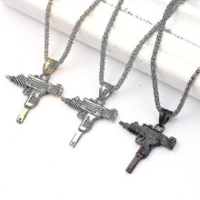 Hip Hop Necklace Stainless Steel Uzi Submachine Gun Machine Gun Pendant Trendy Men's Jewelry, Black