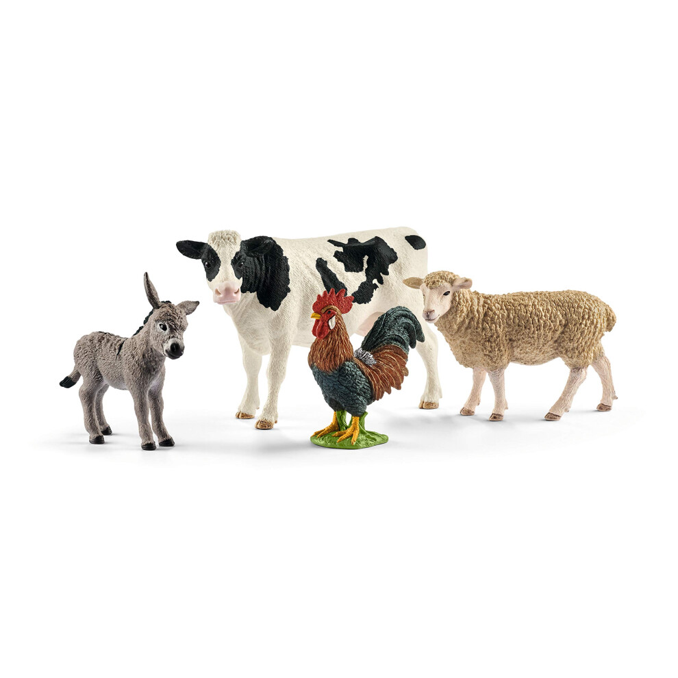 Schleich FARM WORLD - Starter Set  includes 4 x Collectible Toy Farm Animals  Cow  Sheep  Donkey Foal and Rooster Farm Animal Toys for Kids