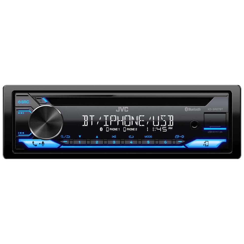 JVC KD-SR87BT Bluetooth CD Car Stereo with USB Port - AM/FM Radio  MP3 Player  High Contrast LCD  Detachable Face Plate - Single DIN - 13-Ba