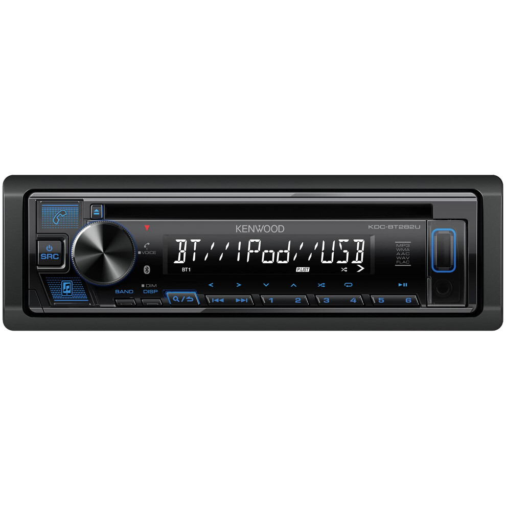 KENWOOD KDC-BT282U CD Car Stereo - Single Din  Bluetooth Audio  USB MP3  FLAC  Aux in  AM FM Radio  Detachable face with White 13-Digit LCD