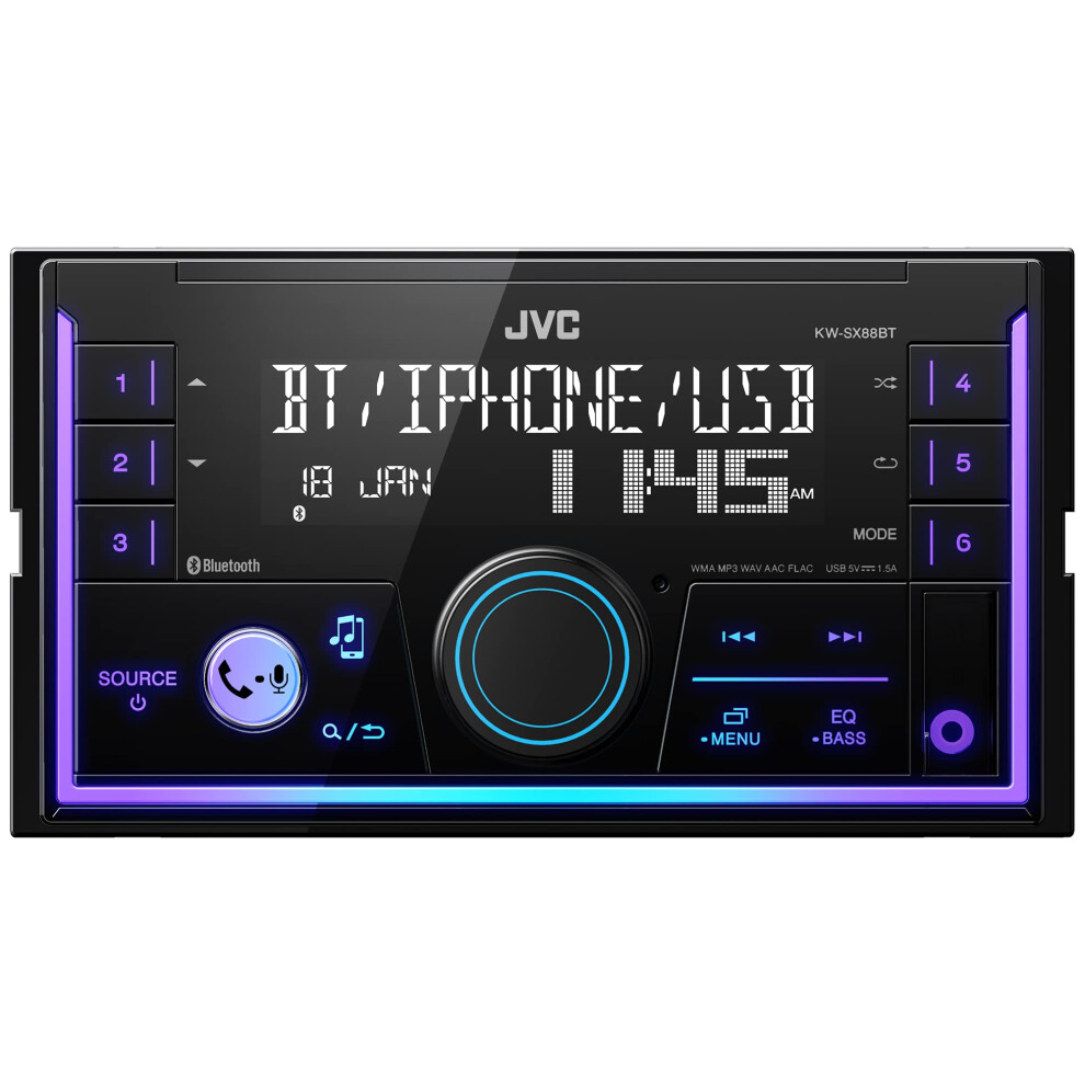 JVC KW-SX88BT Bluetooth Double Din Digital Media Car Stereo with Shallow Chassis  Variable Color Dsplay  Front USB and Aux  Powerful Amplifi