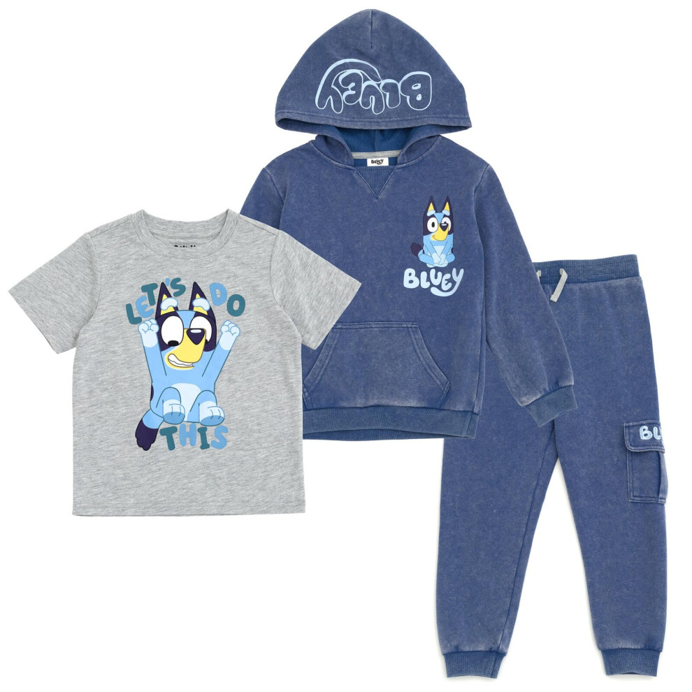 Bluey Toddler Boys Fleece Waffle Knit Pullover Hoodie T-Shirt and Jogger Pants 3 Piece Outfit Set Blue/Gray 5T