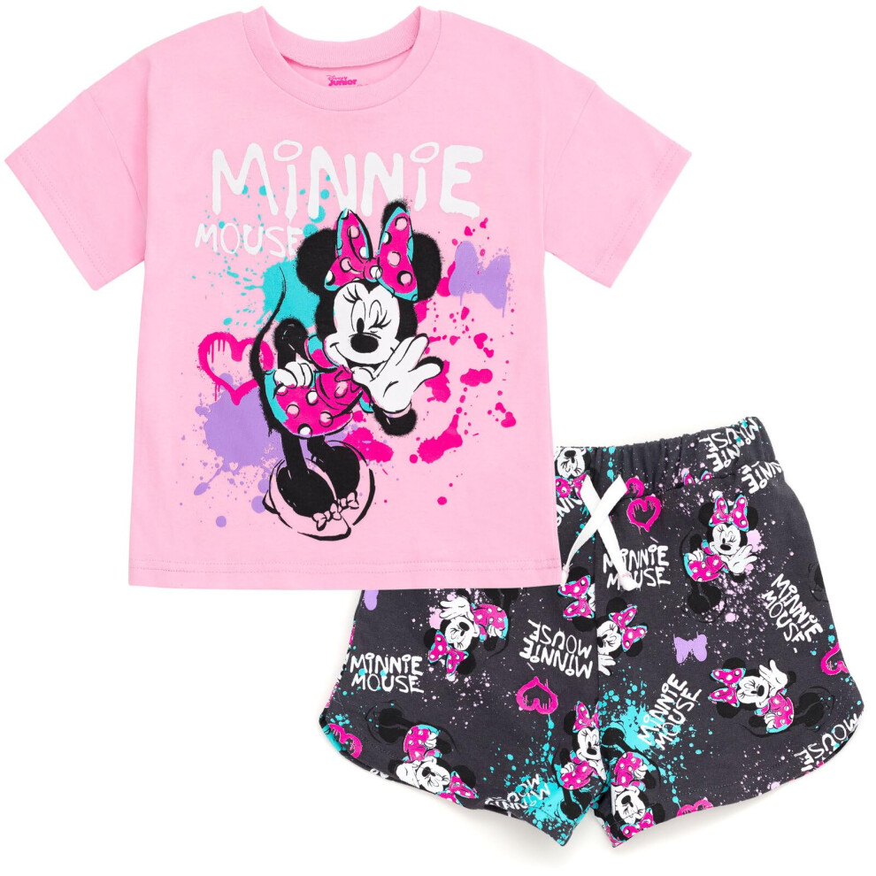 Disney Minnie Mouse Little Girls T-Shirt and French Terry Shorts Outfit Set Graffiti Pink 6