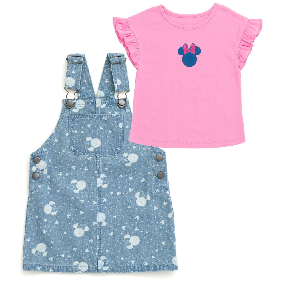 Disney Minnie Mouse Toddler Girls Vintage Wash Denim Overall Dress and T-Shirt Outfit Set Pink/Blue 3T