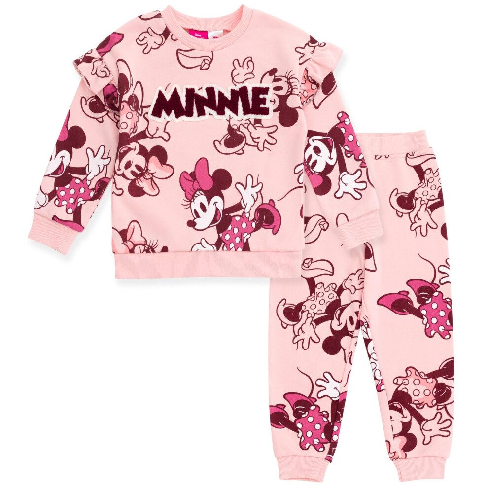 Disney Minnie Mouse Toddler Girls Fleece Drop Shoulder Sweatshirt and Jogger Pants Outfit Set Coral Pink 2T