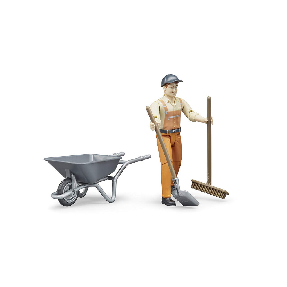 Bruder Toys - Bworld Municipal Worker in Dungarees and Cap Action Figure with Grasping Hands and Moveable Limbs and Head - Figure Includes B