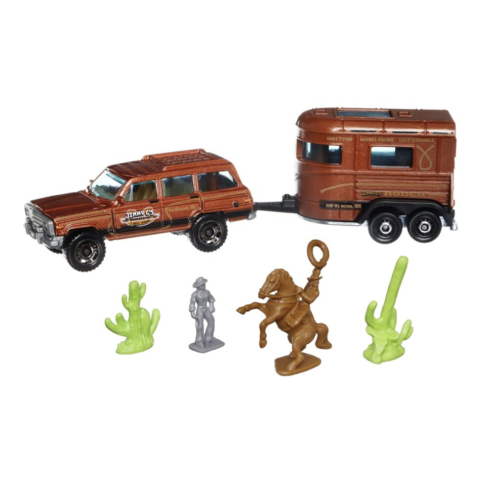 Matchbox Hitch & Haul Die-cast Vehicle Playset - Cowboy Rodeo Round-Up ~ 6 Piece Set ~ SUV Inspired by 1988 Wagoneer ~ Includes Horse Traile