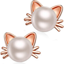 18k White Gold Plated Cat Stud Earrings Pearl Earrings 925 Sterling Silver
