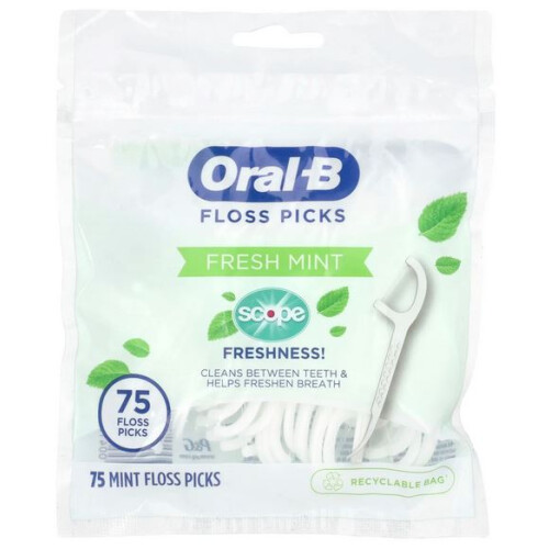 Oral-B Fresh Mint Floss Picks with Scope Freshness, Shred Resistant, 75 Count