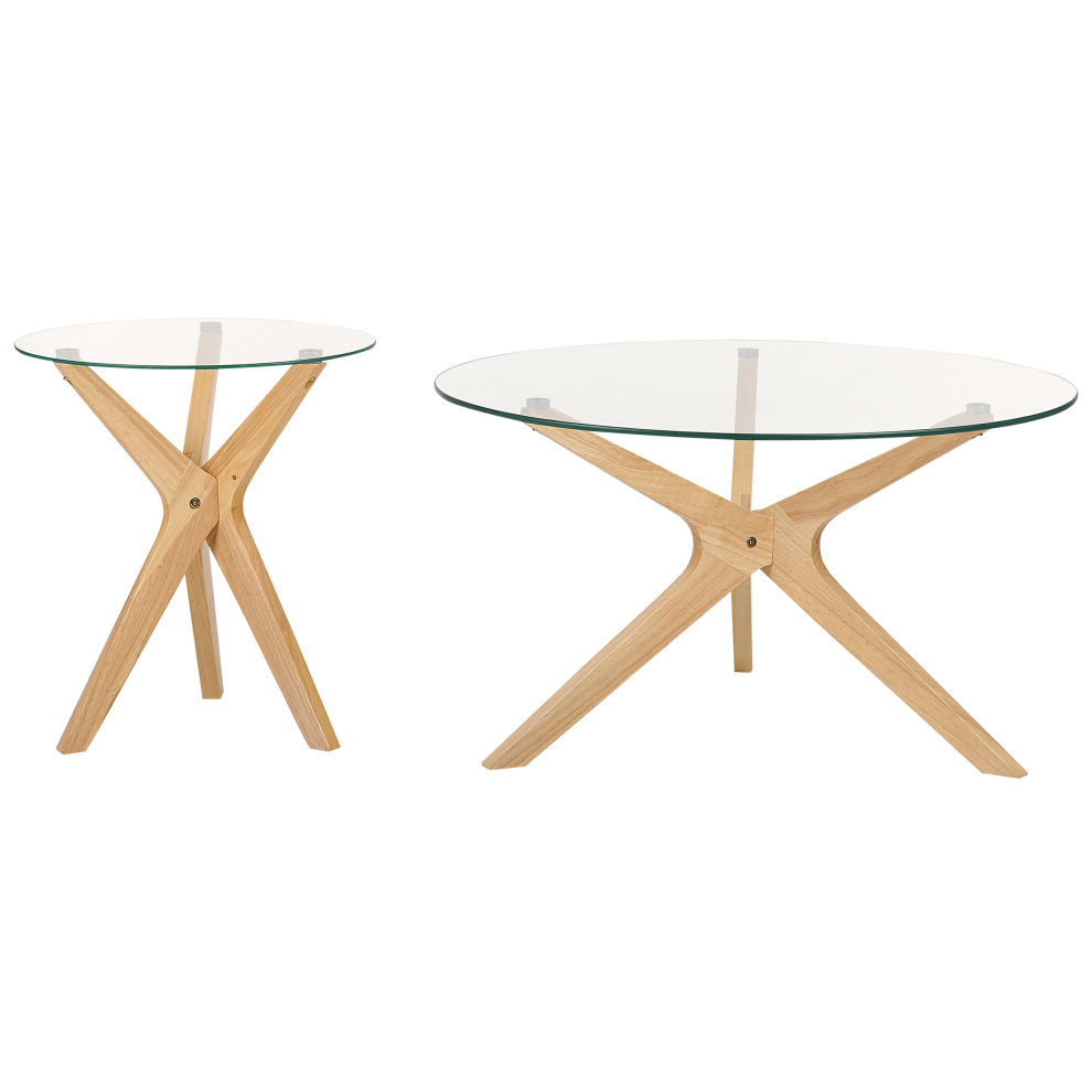 Set of 2 Coffee Tables VALLEY Tempered Glass Light Brown