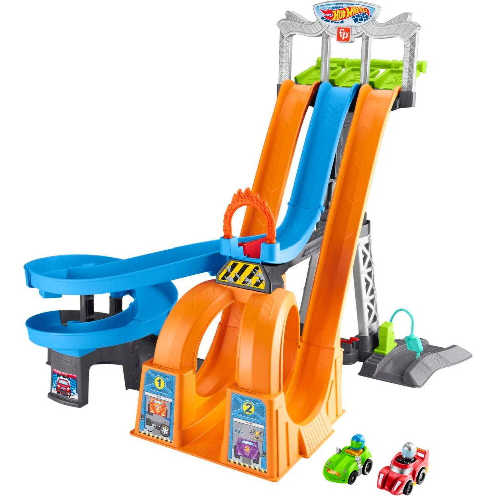 Fisher-Price Little People Toddler Toy Hot Wheels Racing Loops Tower Race Track with Stunt Ramp & Sounds for Pretend Play Ages 18+ Months