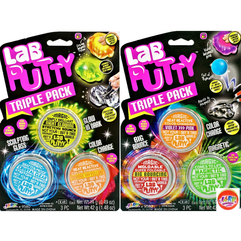 JA-RU Lab Putty Bundle Slime Set (2 Fidget Pack  6 Units) Bouncy Color Changing Toys  Magnetic Putty  Glow in The Dark Slime  Clear Slime. S