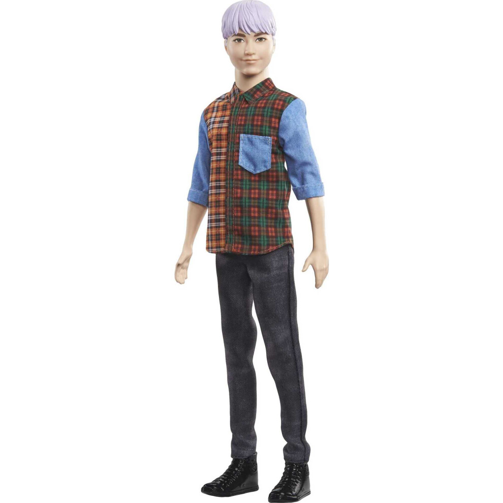 Barbie Ken Fashionistas Doll #154 with Sculpted Purple Hair Wearing a Color-Blocked Plaid Shirt  Black Denim Pants & Boots  Toy for Kids 3 t