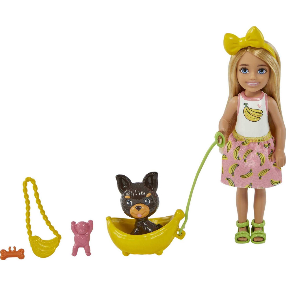 Barbie Chelsea Doll & Accessories  Blonde Small Doll with Removable Banana-Print Skirt  Puppy  Pet Bed & More