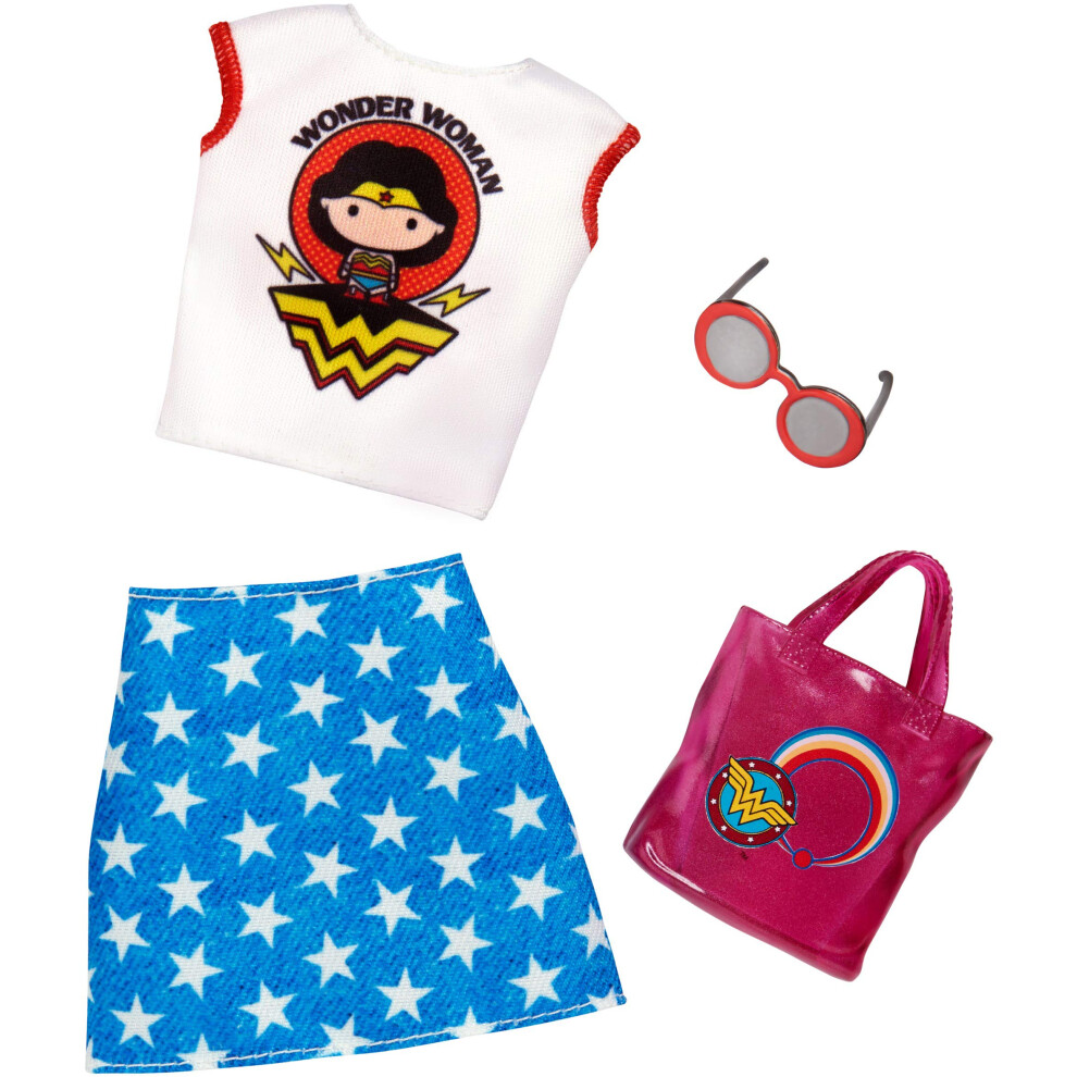 Barbie Clothes: Wonder Woman Outfit Doll with Graphic Top  Star-Print Skirt  Purse and Sunglasses  Gift for 3 to 8 Year Olds