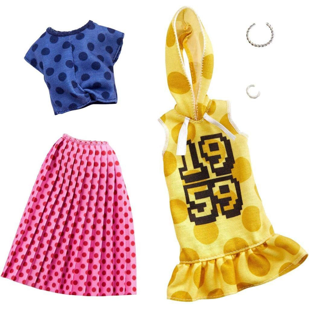 Barbie Clothes -2 Outfits Doll Feature Polka Dots on a Yellow Hoodie Dress  a Blue Top and Pink Skirt  Plus 2 Accessories  Gift for 3 to 8 Y