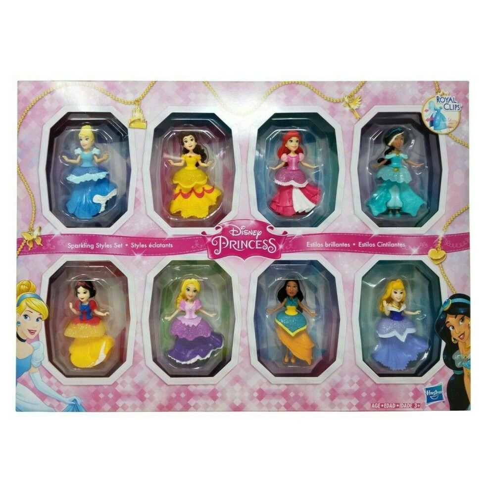 Disney Princesses Sparkling Styles Small Doll Set of 8 Featuring Royal Clips