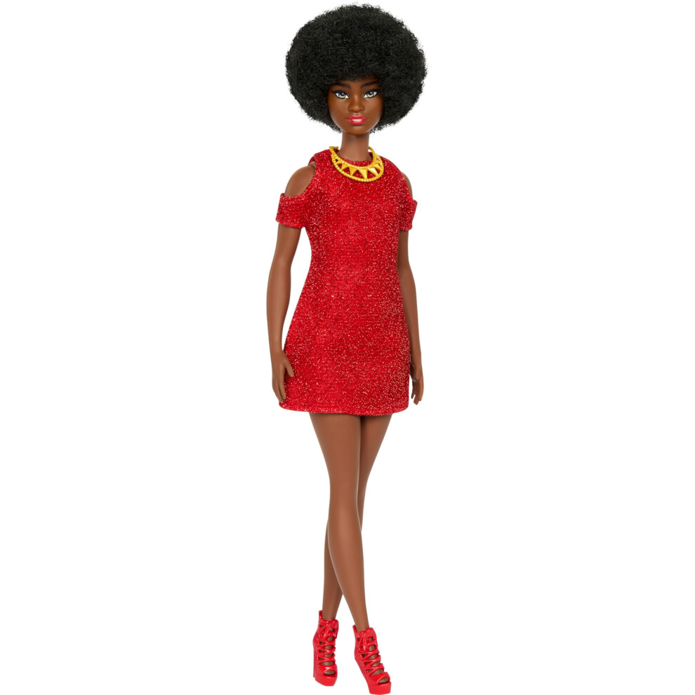 Barbie Fashionistas Doll #221 with Natural Black Hair Wearing Removable Red Dress & Accessories  65th Anniversary Collectible Fashion Doll