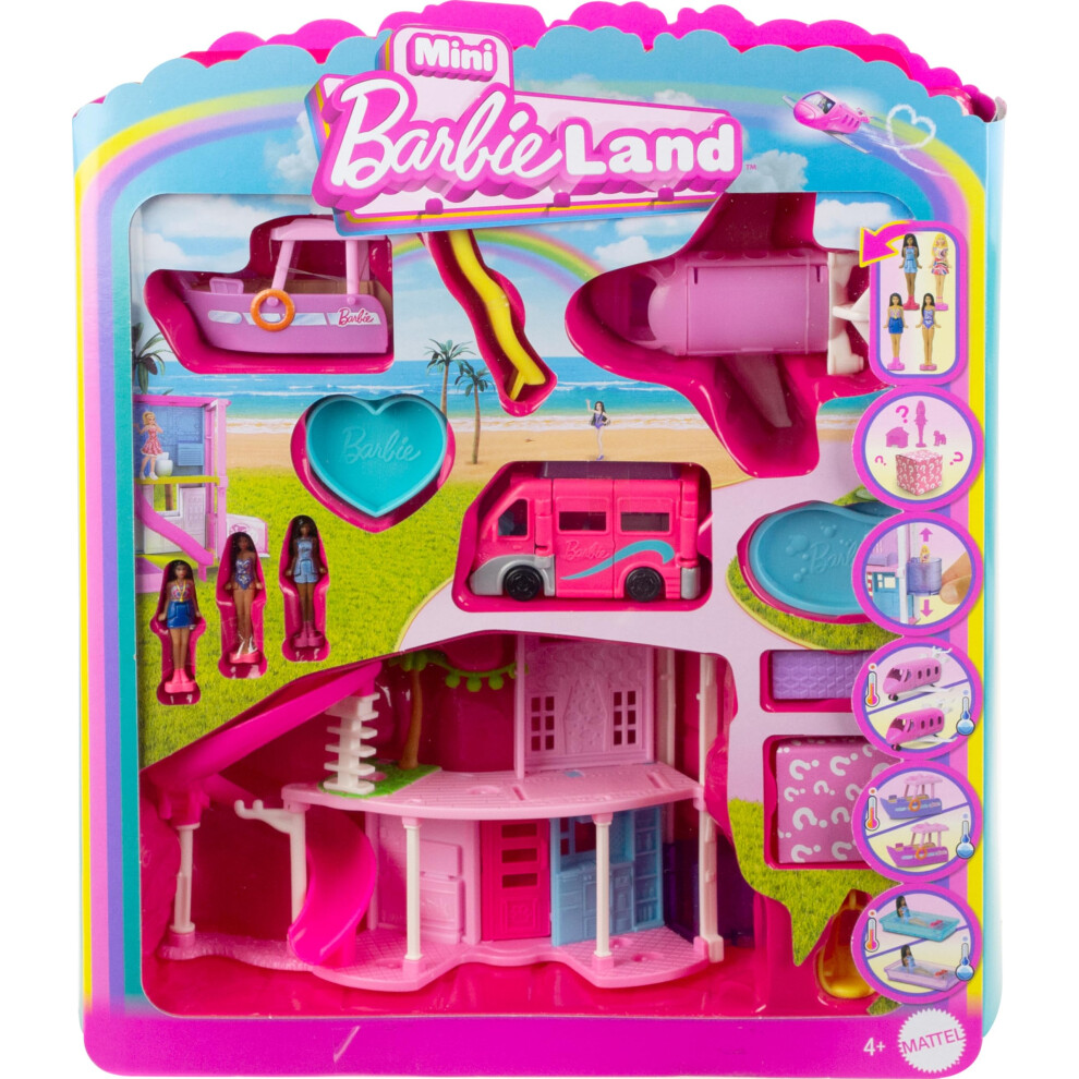 Barbie Mini BarbieLand DreamHouse & 3-Vehicle Playset with 4 1.5-Inch Dolls  Doll House Furniture & Accessories  Includes DreamCamper  Boat