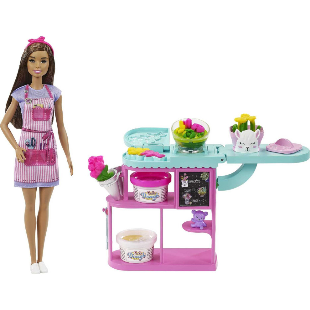 Barbie Florist Doll & Playset  Flower-Making Station with Molds  3 Dough Colors & Accessories  Brunette Fashion Doll