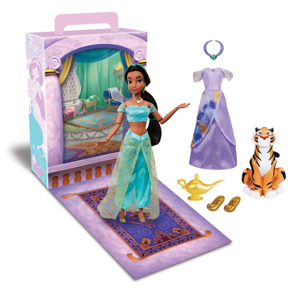 Disney Store Official Princess Story Doll (Jasmine from Aladdin) 11 Inches  Includes Coloring Book and Additional Dress  Princess Doll in Cl