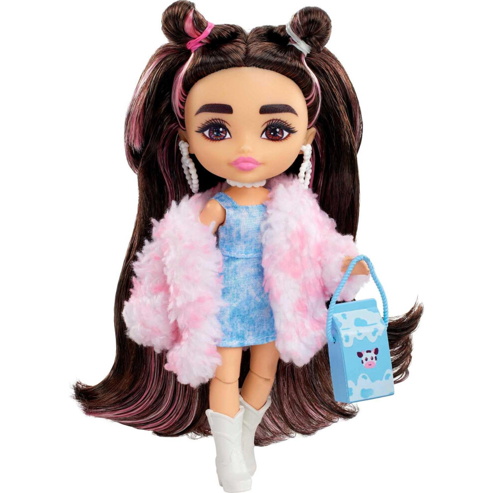 Barbie Extra Minis Doll & Accessories with Brunette Hair & Brown Eyes  Wearing a Pink Faux Fur Coat & Purse  5.5-inch