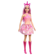 Barbie-ykssarvisnukke vaaleanpunaisilla fantasiahiuksilla Vriks vaaleanpunainen ja oranssi asu ja yksisarvisteemaiset fantasiaasusteet