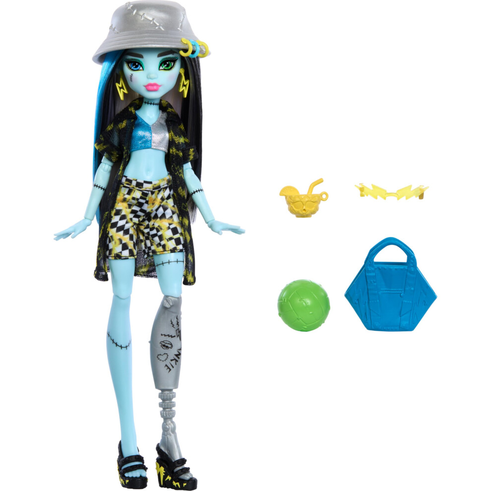 Monster High Scare-adise Island Frankie Stein Doll with Swimsuit  Coverup & Beach Accessories Like Hat  Volleyball & Tote