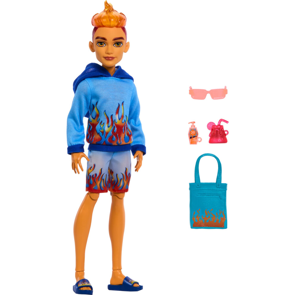 Monster High Scare-adise Island Heath Burns Doll with Flame Hoodie  Swim Trunks & Beach Accessories Like Sunglasses