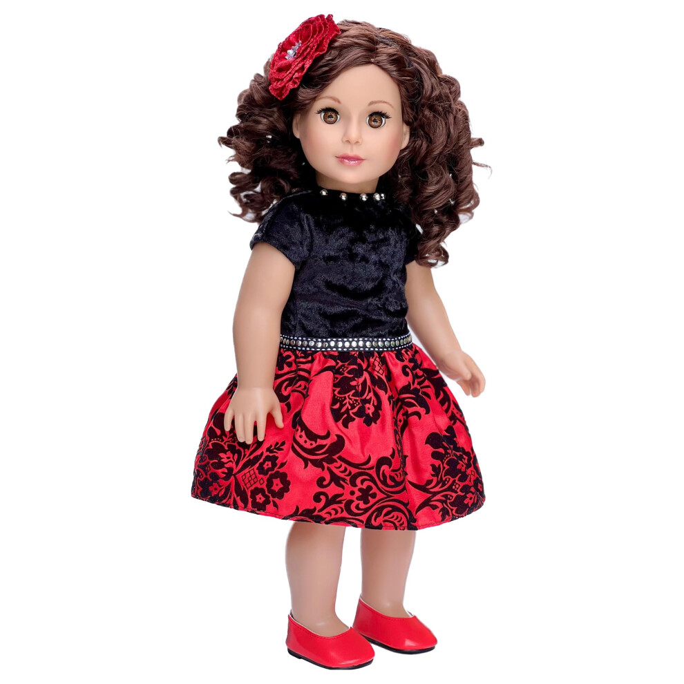 - Spirito Natalizio - Completo Da 3 Pezzi - Abito Da Festa In Taffet Rosso Con Scarpe Rosse E Fascia Per Capelli - Vestiti Per Bambole Da 18 Pol-image