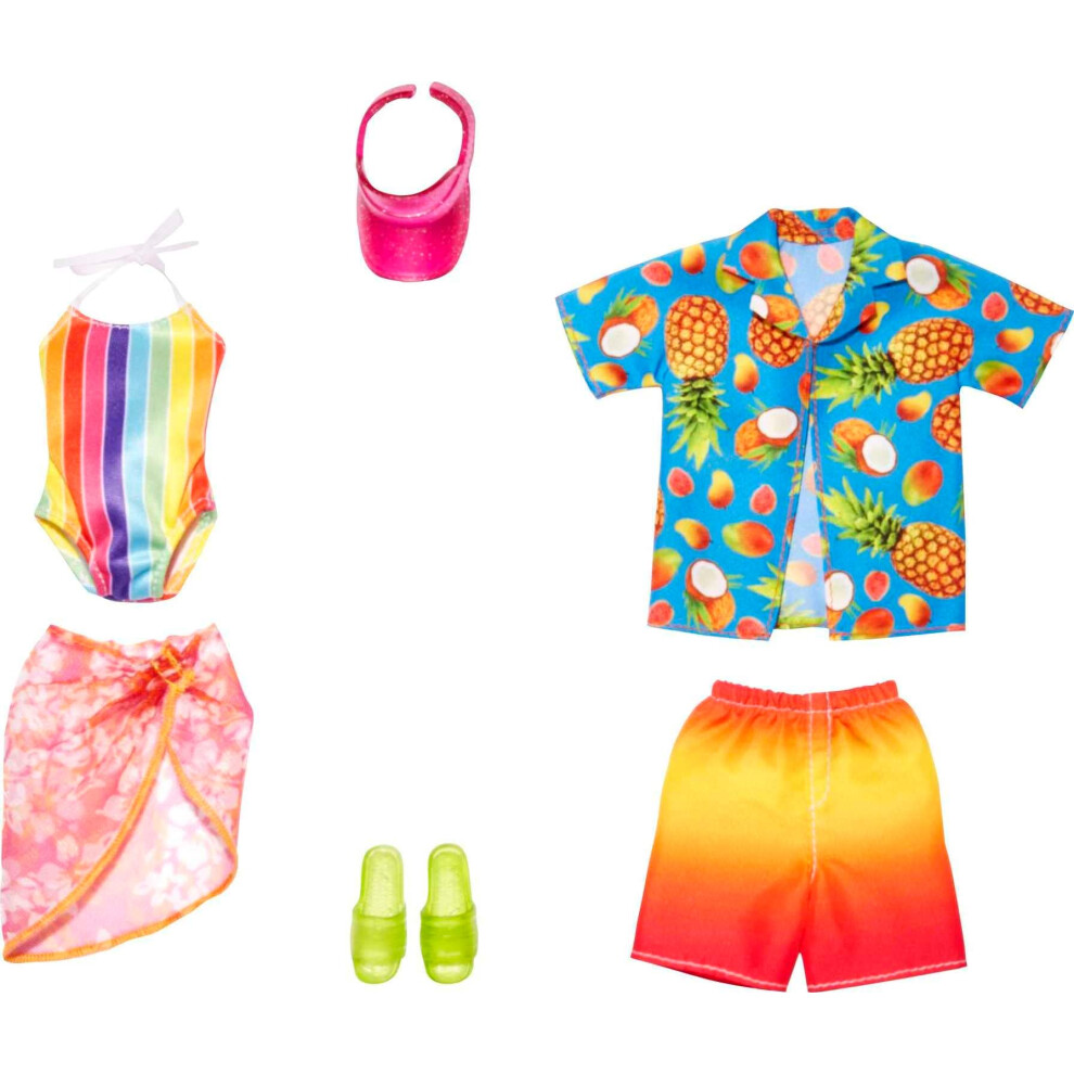 Barbie & Ken Fashions 2-Pack Clothing & Accessories Set 1 Swimsuit Sarong & Visor For Barbie Doll & 1 Tropical Shirt Swimsuit & Shoes For