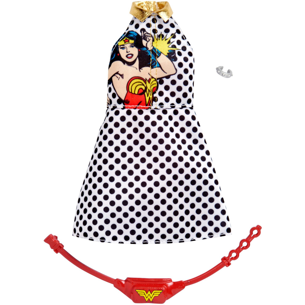 Barbie Clothes: Wonder Woman Outfit Doll  Graphic Polka-Dotted Dress  Fanny Pack and Bangle  Gift for 3 to 8 Year Olds