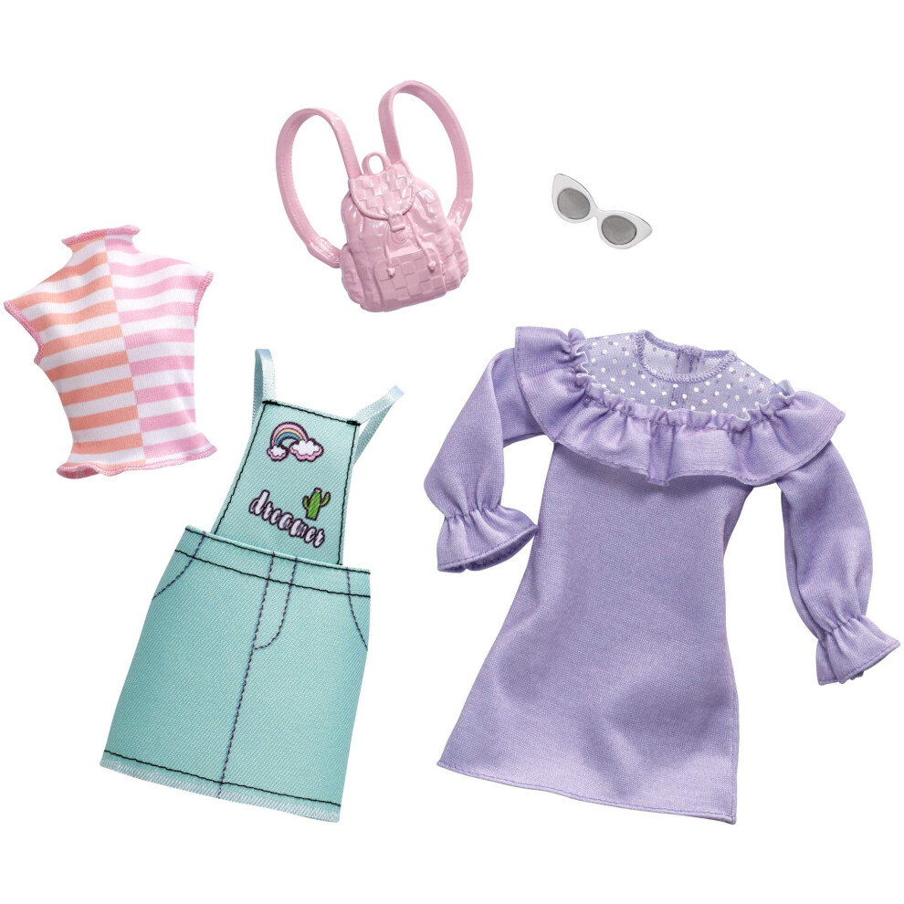 Barbie Clothes - 2 Outfits Doll Feature Pastels Like Light Green Overalls with Cute Graphics and Pink Backpack  Gift for 3 to 8 Year Olds