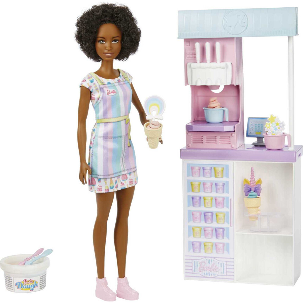 Barbie Careers Playset  Ice Cream Shop Set with Brunette Fashion Doll  Ice Cream Machine  Molds  Dough & Accessories