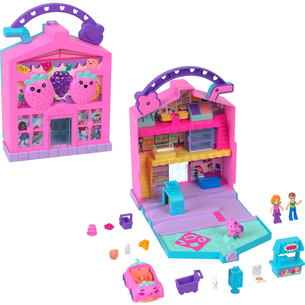 Polly Pocket Pollyville Fresh Market Dolls & Playset  Food Toy with 2 Micro Dolls  12 Accessories Include Toy Car & Pet