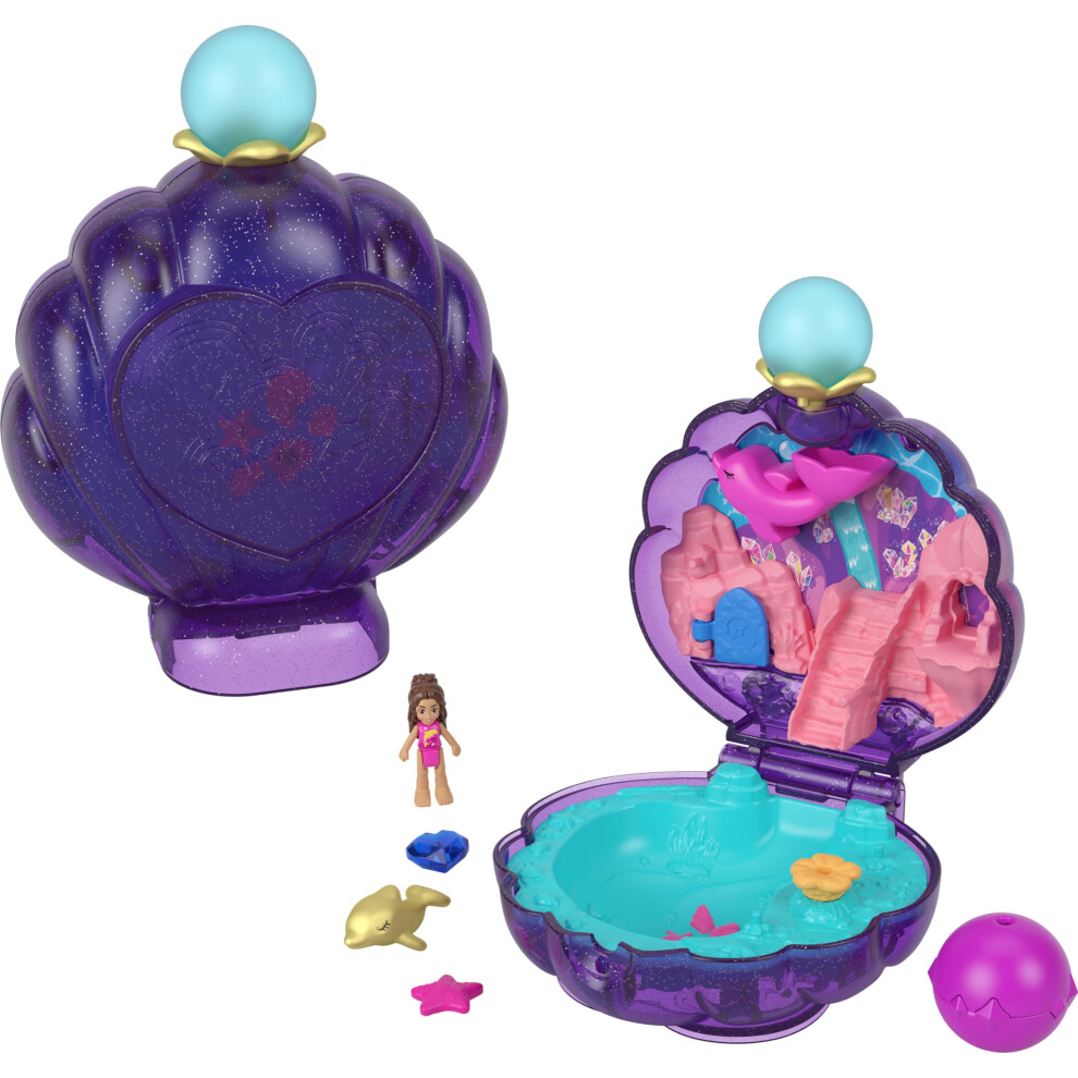 Polly Pocket Dolls & Accessories  Travel Toy with Water Play  Underwater Lagoon Shell Compact with Micro Doll & Ocean Pet