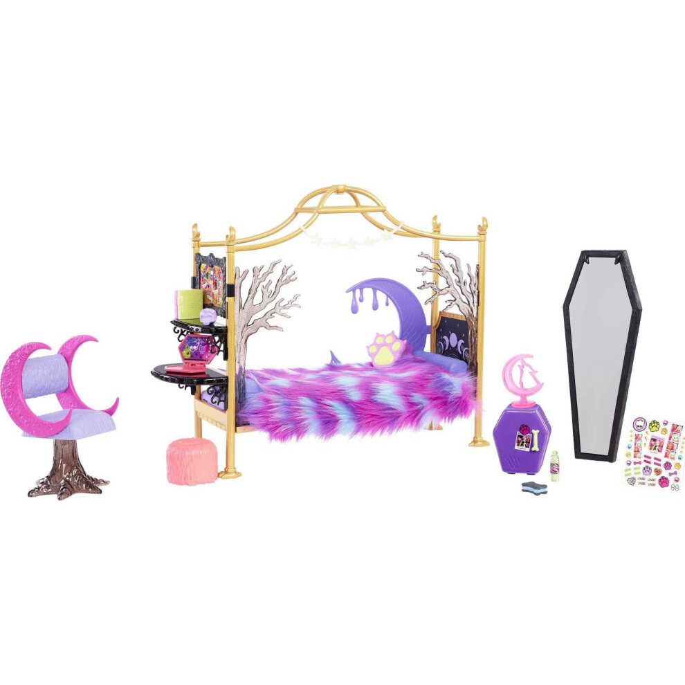 Monster High Playset  Clawdeen Wolf Bedroom with Doll House Furniture & Toy Accessories Like Spooky Decor & Snacks  Sticker Sheet