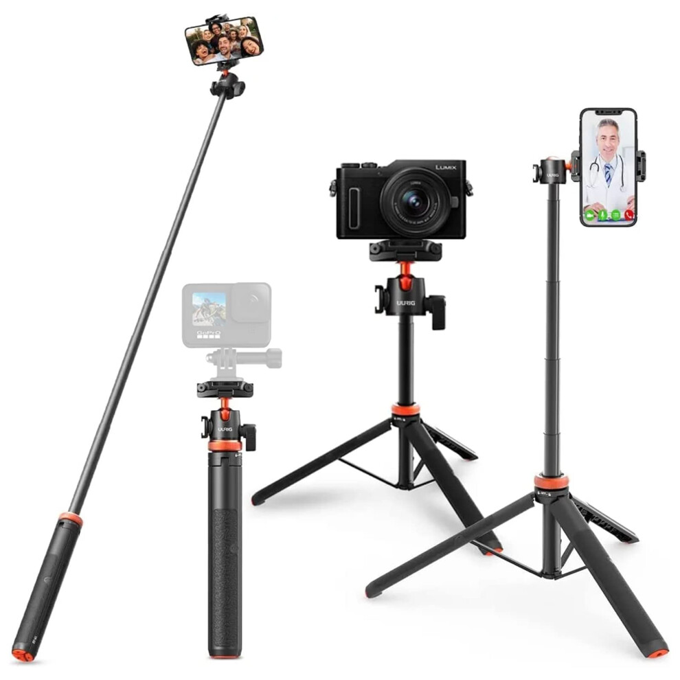 UURig Camera Tripod  52 inch Extendable Phone Selfie Stick Camera Tripod Stand with 2 in 1 Phone Clip  5 Levels Adjustment 360 Ball Head Loa