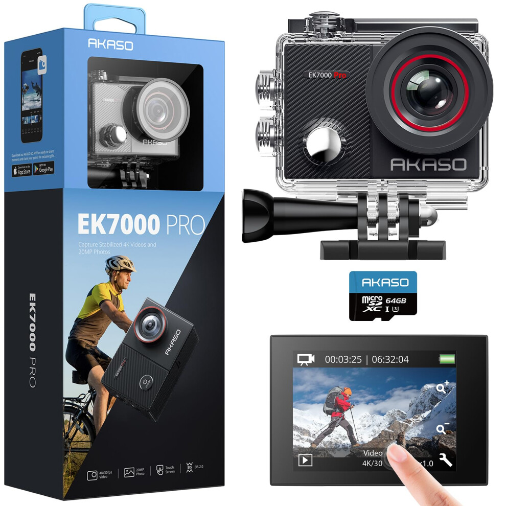 AKASO EK7000 Pro 4K30fps Action Camera with 64GB MicroSDXC U3 Memory Card Accessories Kit Bundle Ultra HD 131FT Waterproof Camera EIS WiFi R