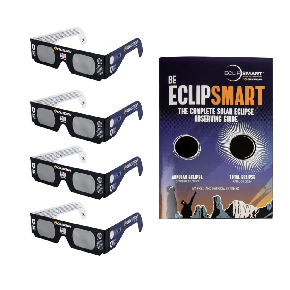 Celestron EclipSmart Solar Shades Observing Kit includes Four ISO Certified Solar Eclipse Glasses & 2017 Total Solar Eclipse Guidebook