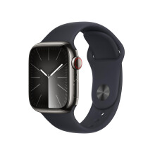 Apple Watch Series 9 [GPS + Cellular 41mm] Smartwatch with Graphite Stainless Steel Case with Midnight Sport Band S/M. Fitness Tracker  Bloo