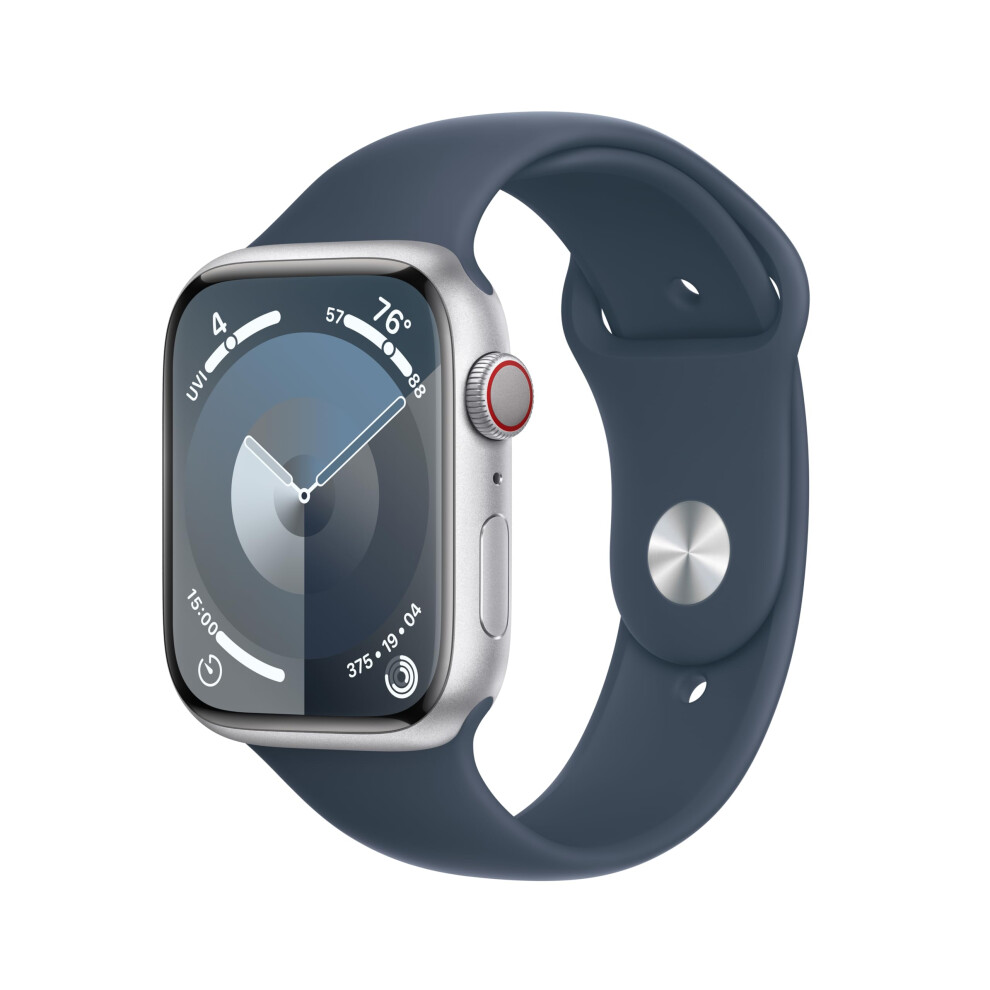 Apple Watch Series 9 [GPS + Cellular 45mm] Smartwatch with Silver Aluminum Case with Storm Blue Sport Band M/L. Fitness Tracker  Blood Oxyge