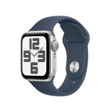 Apple Watch SE (2nd Gen) [GPS 40mm] Smartwatch with Silver Aluminum Case with Storm Blue Sport Band M/L. Fitness & Sleep Tracker  Crash Dete