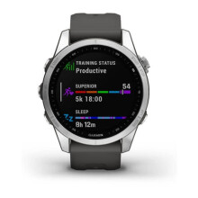 Garmin fenix 7S smaller sized adventure smartwatch rugged outdoor watch with GPS touchscreen health and wellness features silver with g