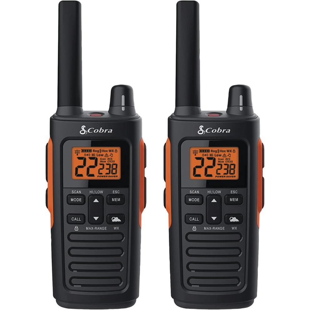 Cobra RX680 Waterproof Walkie Talkies - Rechargeable  60 Preset Channels  Long Range 38-Mile Two-Way Radio Set (2-Pack) Black and Orange