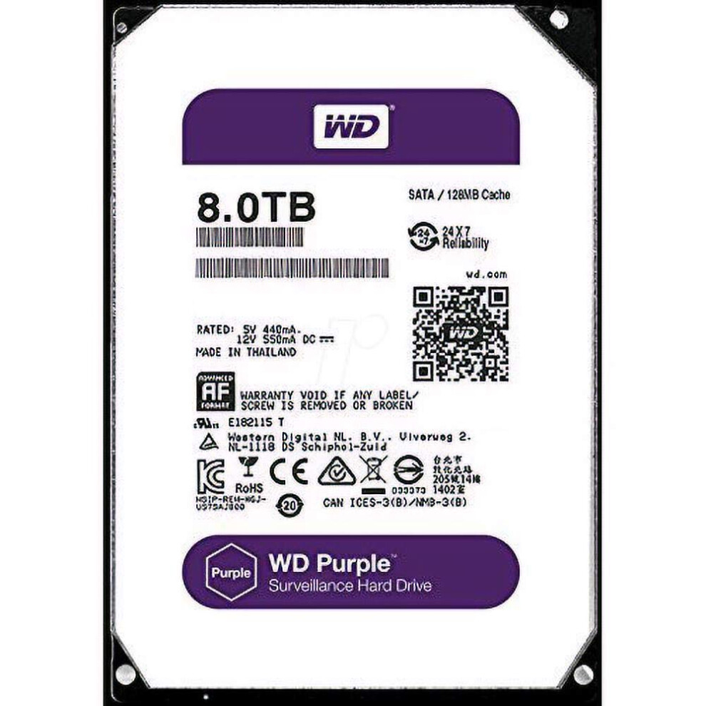 WD Purple 8TB Surveillance Hard Disk Drive - 5400 RPM Class SATA 6 Gb/s 128MB Cache 3.5 Inch - WD80PUZX [Old Version]