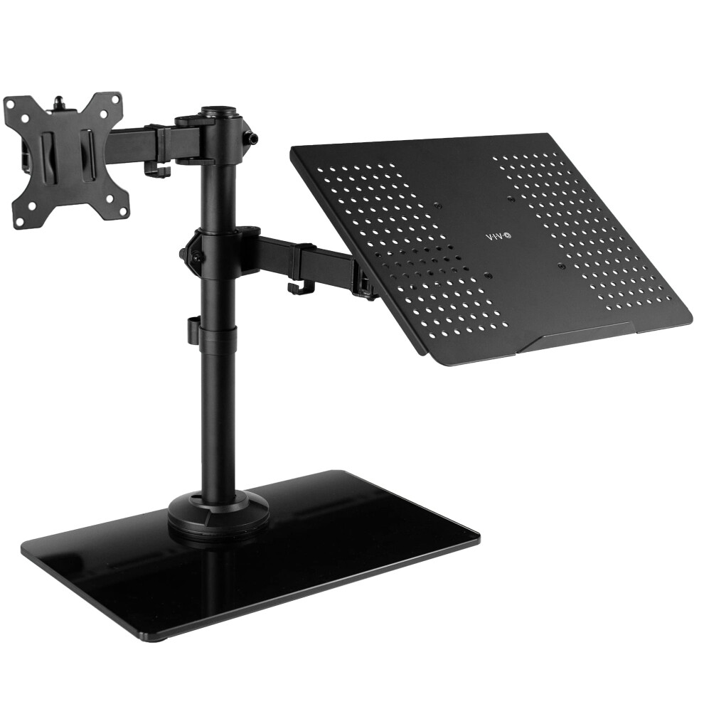 VIVO Free Standing Single Computer Monitor and Laptop Combo Desk Stand with Sleek Glass Base  Fits up to 32 inch Monitors and 17 inch Laptop