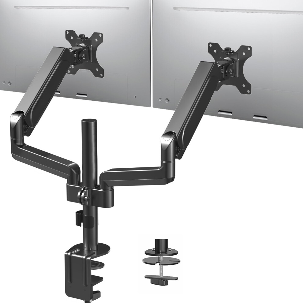 VIVO 17 to 32 inch Dual Pneumatic Monitor Mount  2 Pneumatic Arms  Adjustable Swivel  Rotation  Heavy Duty VESA Desk Stand with C-clamp  Gro