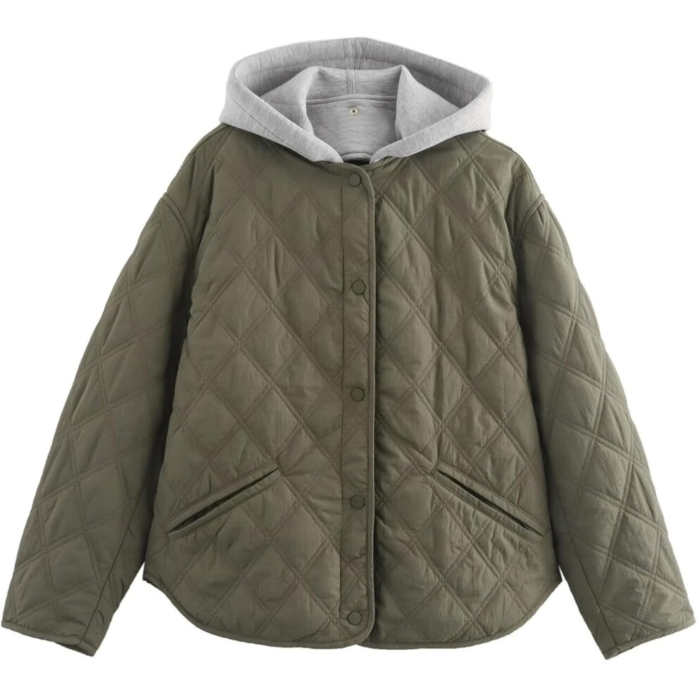 (Small, Green) Quilted Jacket for Women with Hood, Lightweight Casual Outerwear, Warm Fall and Winter Coat
